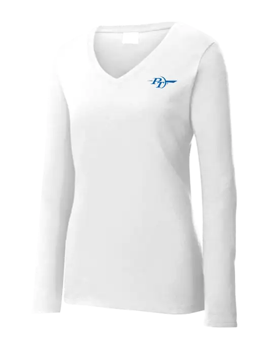 Womens  V-Neck Ring Spun White 4.5 oz Long Sleeve T-Shirt w/PT Coupling Logo