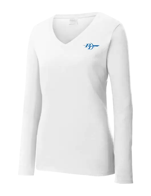 Womens  V-Neck Ring Spun White 4.5 oz Long Sleeve T-Shirt w/PT Coupling Logo